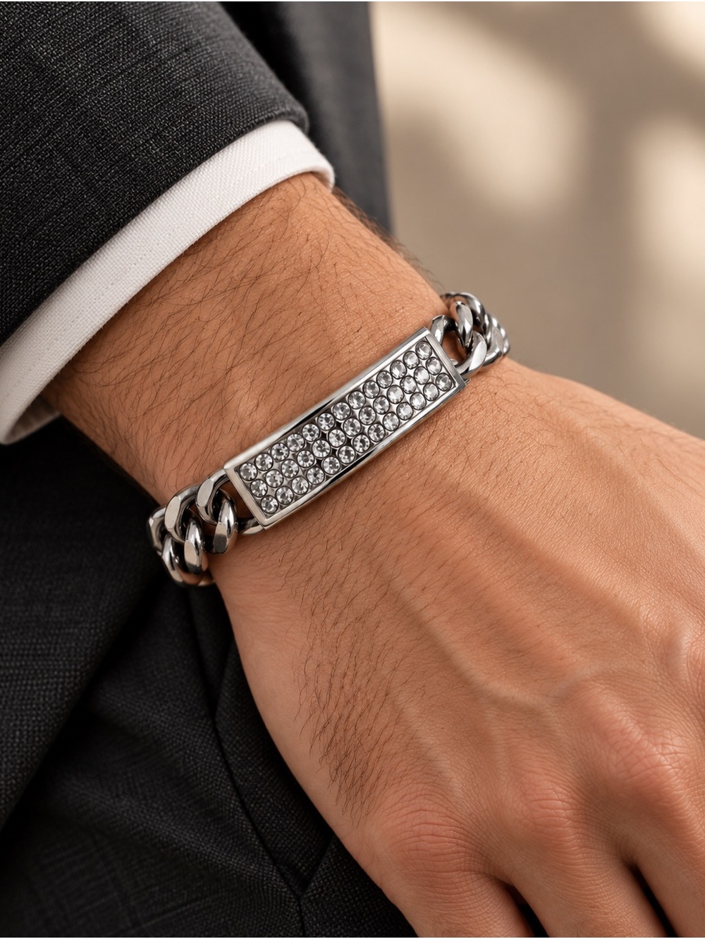 Men’s Chunky Silver Crystal Rhinestone Curb Chain ID Bracelet Y2K Hip Hop Bling